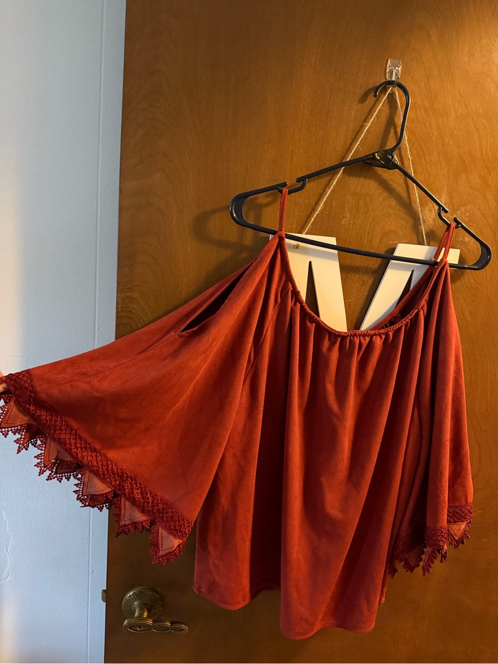 Hayden Off-Shoulder Crochet Trim Top - Rust Red